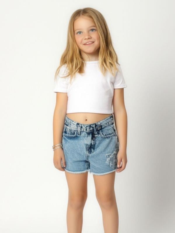 Kız Çocuk Yıldız İşlemeli Kot Şort