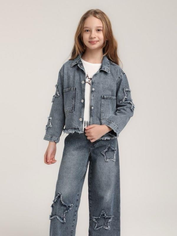 Kız Çocuk Yıldızlı Büyük Cepli Kot Ceket