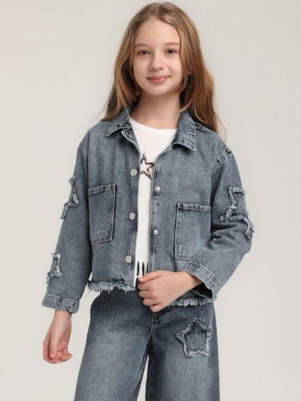 Kız Çocuk Yıldızlı Büyük Cepli Kot Ceket