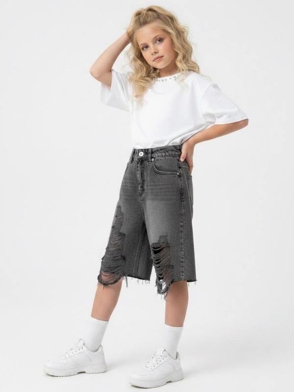 Kız Çocuk Yırtık Denim Bermuda Kot Şort
