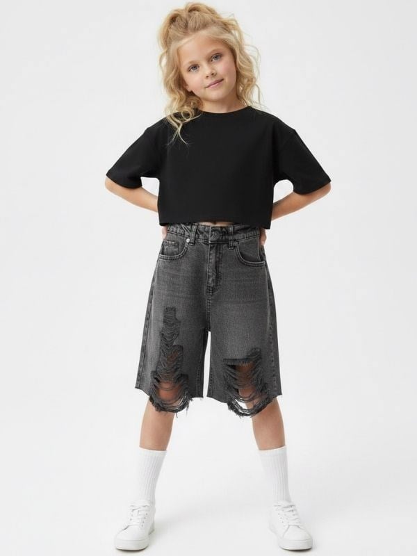 Kız Çocuk Yırtık Denim Bermuda Kot Şort