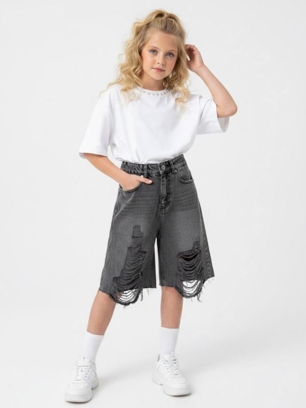 Kız Çocuk Yırtık Denim Bermuda Kot Şort
