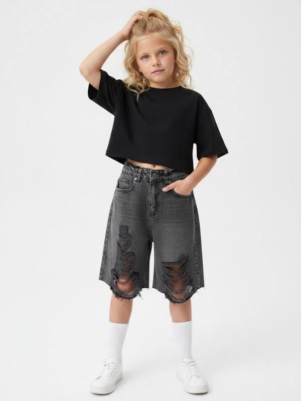 Kız Çocuk Yırtık Denim Bermuda Kot Şort