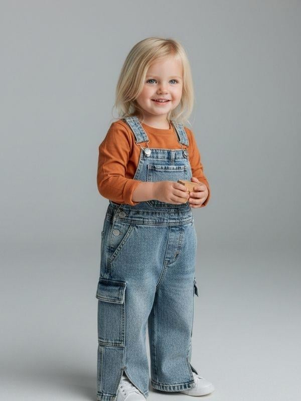 Kız Çocuk Yırtmaç Detaylı Kot Salopet