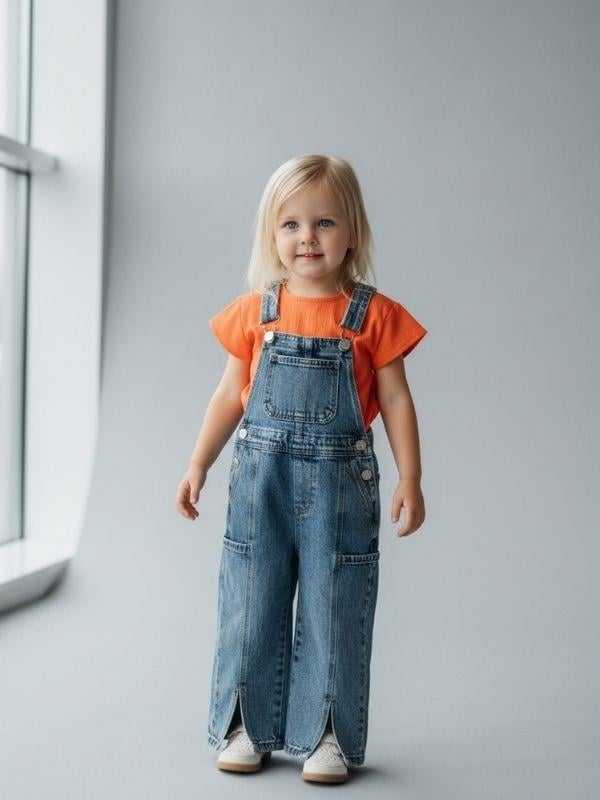 Kız Çocuk Yırtmaç Detaylı Kot Salopet