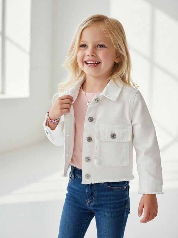 Kız Çocuk Yumuşak Dokulu Büyük Cepli Kısa Kot Ceket