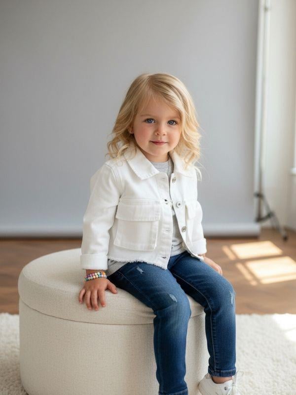 Kız Çocuk Yumuşak Dokulu Büyük Cepli Kısa Kot Ceket