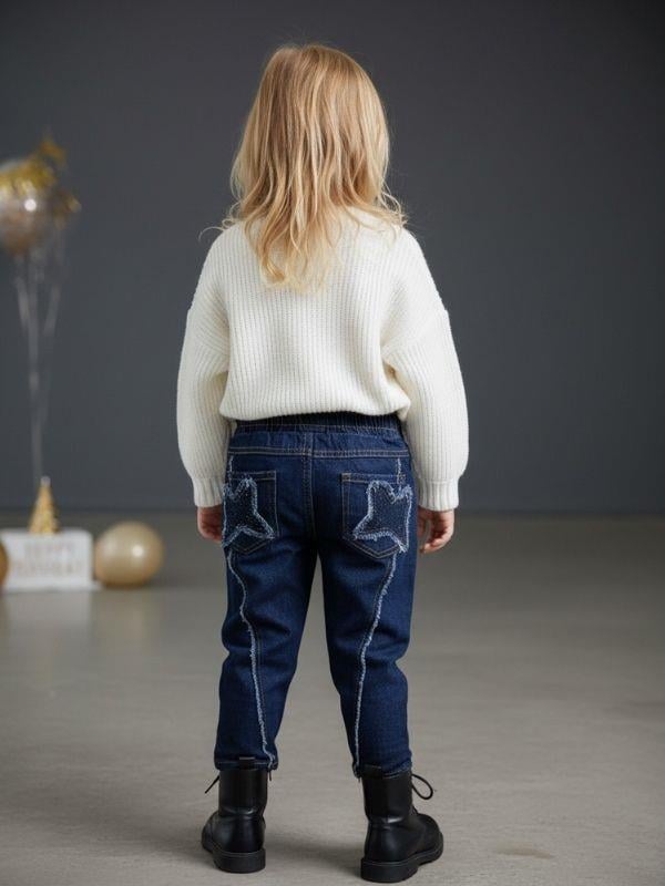 Kız Çocuk Yumuşak Dokulu Cepleri Yıldız İşlemeli Kot Pantolon