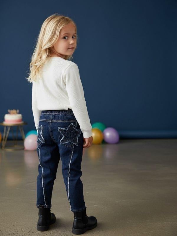 Kız Çocuk Yumuşak Dokulu Cepleri Yıldız İşlemeli Kot Pantolon