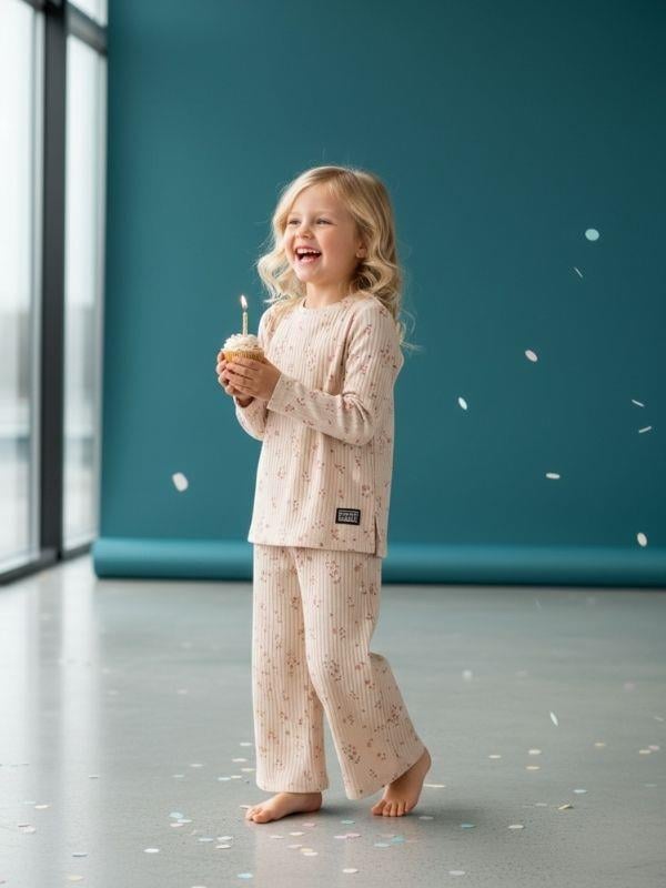 Kız Çocuk Yumuşak Dokulu Çiçek Desenli Fitilli Takım