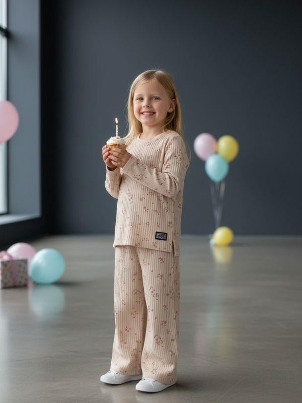 Kız Çocuk Yumuşak Dokulu Çiçek Desenli Fitilli Takım