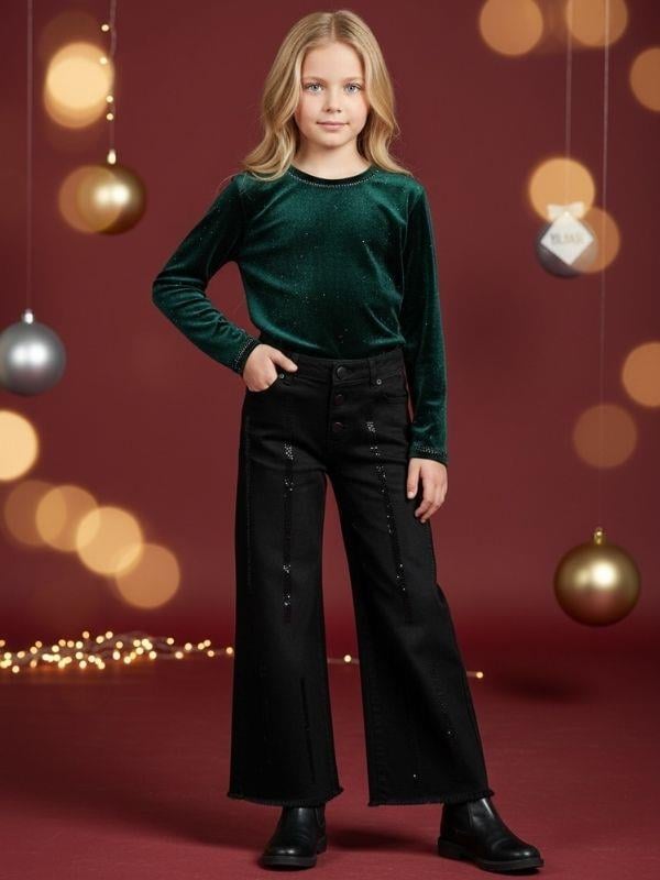 Kız Çocuk Yumuşak Dokulu Taş İşlemeli Geniş Paçalı Kot Pantolon