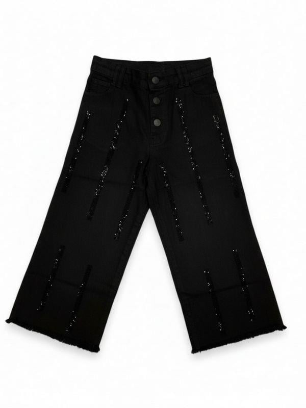 Kız Çocuk Yumuşak Dokulu Taş İşlemeli Geniş Paçalı Kot Pantolon