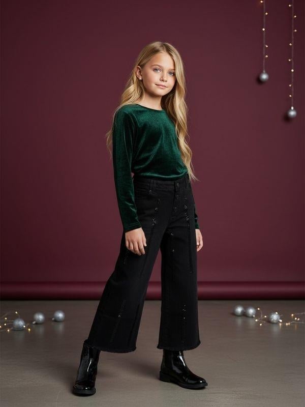 Kız Çocuk Yumuşak Dokulu Taş İşlemeli Geniş Paçalı Kot Pantolon