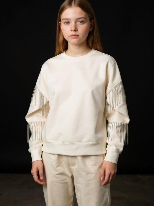 Kız Çocuk Yüzde Yüz Pamuklu İki iplik Zincir Detaylı Sweatshirt