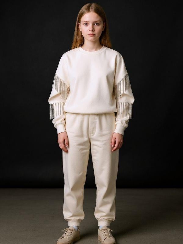 Kız Çocuk Yüzde Yüz Pamuklu İki iplik Zincir Detaylı Sweatshirt