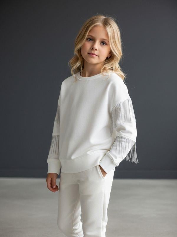Kız Çocuk Yüzde Yüz Pamuklu İki iplik Zincir Detaylı Sweatshirt
