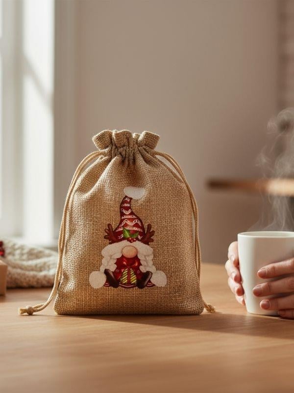 Sevimli Noel Baba Cüce Baskılı Hediyelik Jüt Kese(10x15 cm)