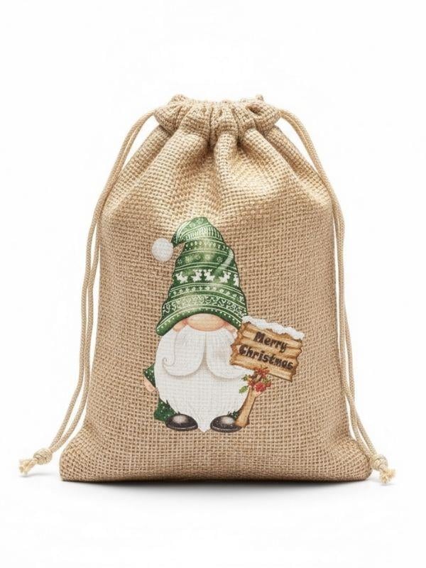Sevimli Noel Baba Cüce Baskılı Hediyelik Jüt Kese(10x15 cm)