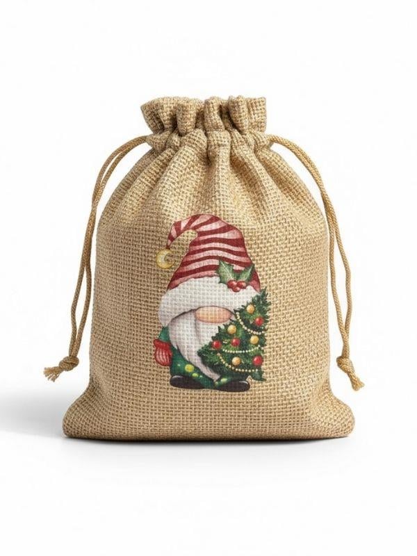 Sevimli Noel Baba Cüce Baskılı Hediyelik Jüt Kese(10x15 cm)