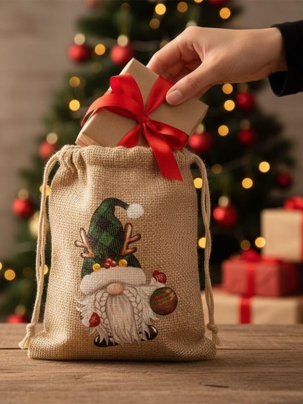 Sevimli Noel Baba Cüce Baskılı Hediyelik Jüt Kese(10x15 cm)