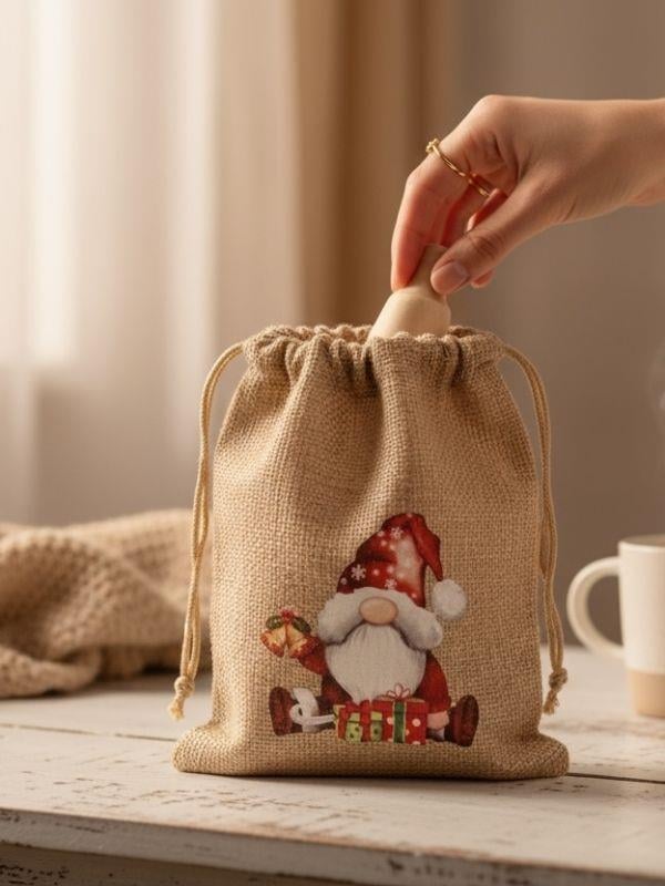 Sevimli Noel Baba Cüce Baskılı Hediyelik Jüt Kese(10x15 cm)
