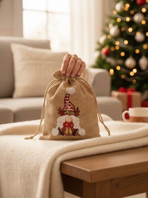 Sevimli Noel Baba Cüce Baskılı Hediyelik Jüt Kese(10x15 cm)