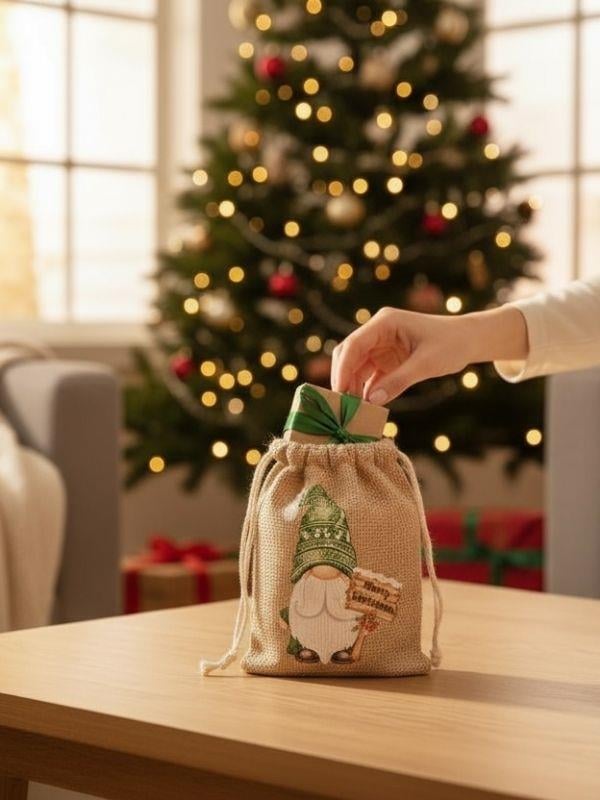 Sevimli Noel Baba Cüce Baskılı Hediyelik Jüt Kese(10x15 cm)