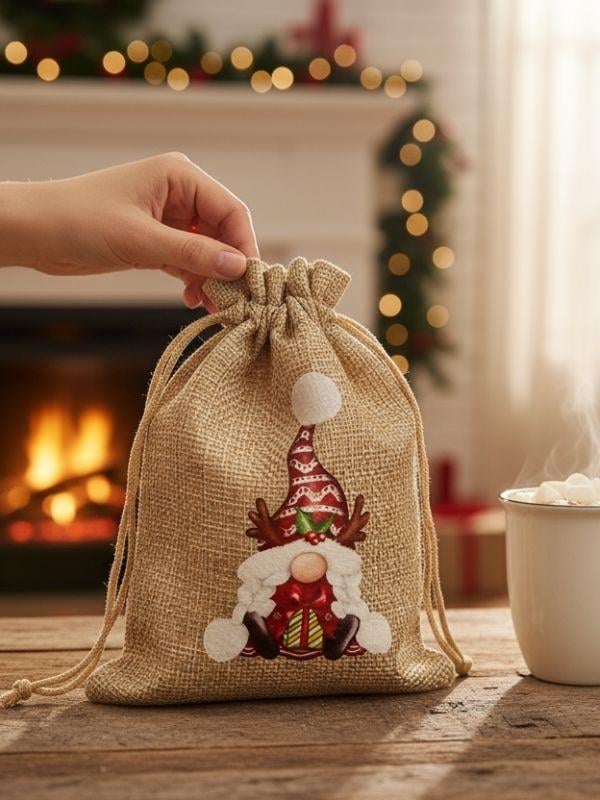 Sevimli Noel Baba Cüce Baskılı Hediyelik Jüt Kese(10x15 cm)