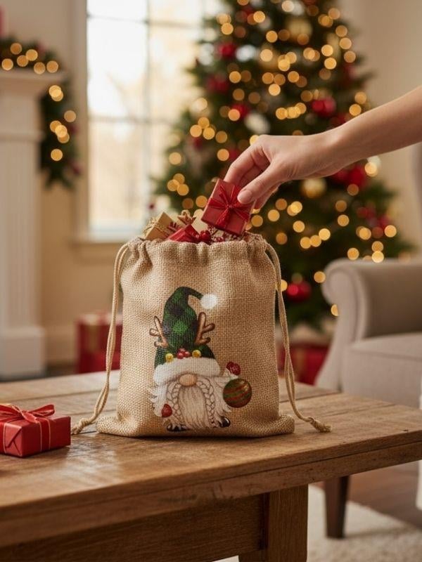 Sevimli Noel Baba Cüce Baskılı Hediyelik Jüt Kese(10x15 cm)