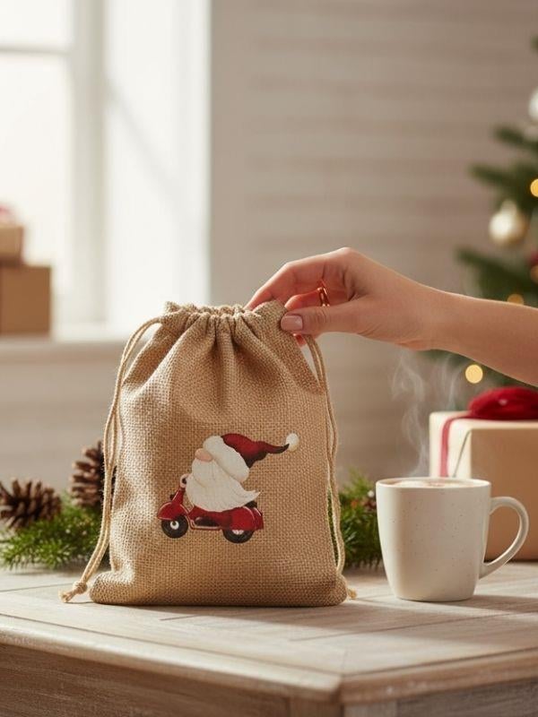 Sevimli Noel Baba Cüce Baskılı Hediyelik Jüt Kese(10x15 cm)