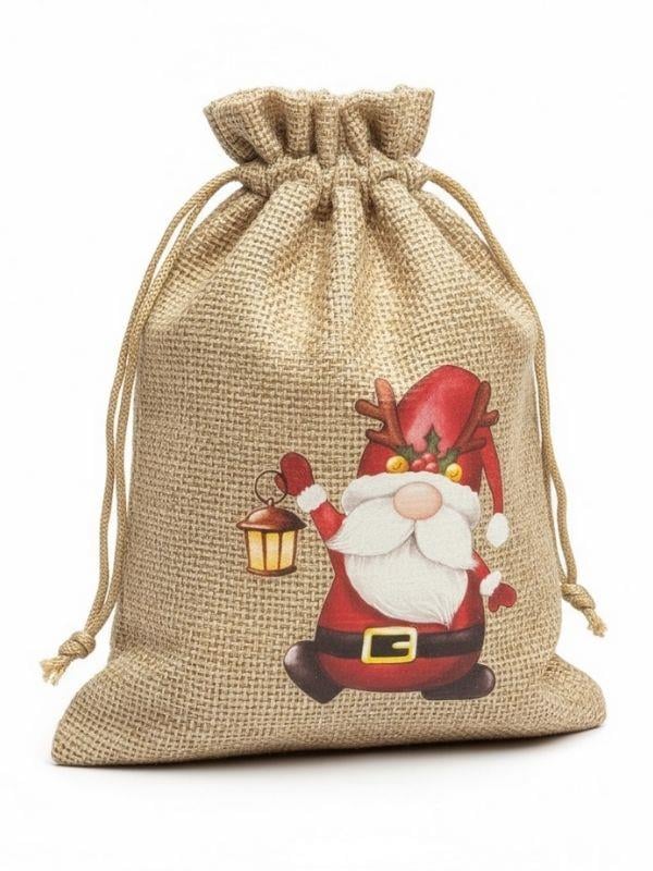 Sevimli Noel Baba Cüce Baskılı Hediyelik Jüt Kese(10x15 cm)