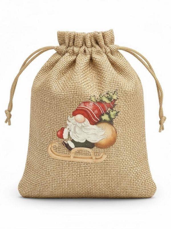 Sevimli Noel Baba Cüce Baskılı Hediyelik Jüt Kese(10x15 cm)