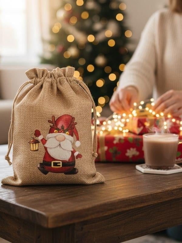 Sevimli Noel Baba Cüce Baskılı Hediyelik Jüt Kese(10x15 cm)