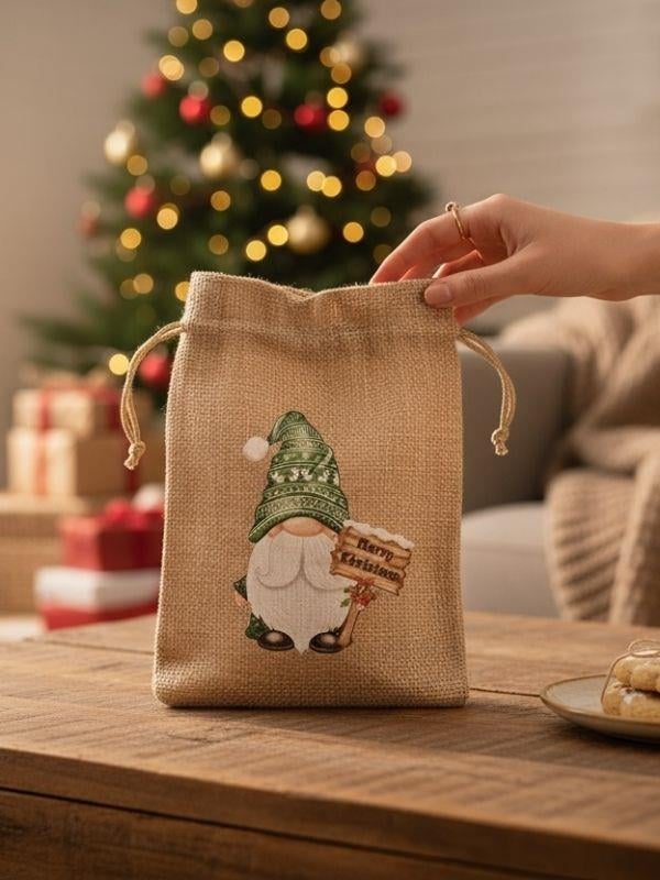 Sevimli Noel Baba Cüce Baskılı Hediyelik Jüt Kese(10x15 cm)