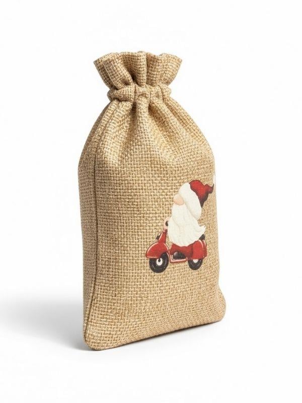 Sevimli Noel Baba Cüce Baskılı Hediyelik Jüt Kese(10x15 cm)