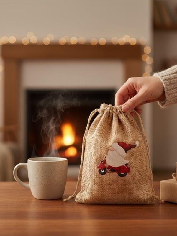 Sevimli Noel Baba Cüce Baskılı Hediyelik Jüt Kese(10x15 cm)
