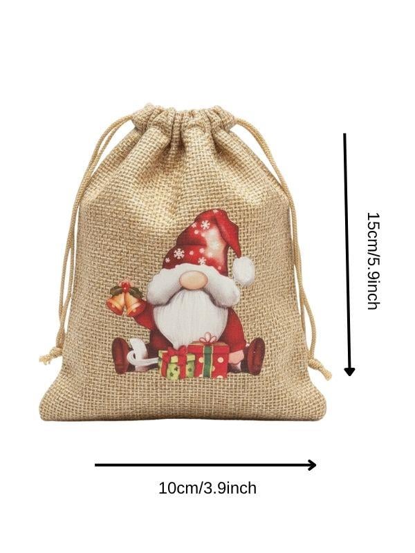 Sevimli Noel Baba Cüce Baskılı Hediyelik Jüt Kese(10x15 cm)