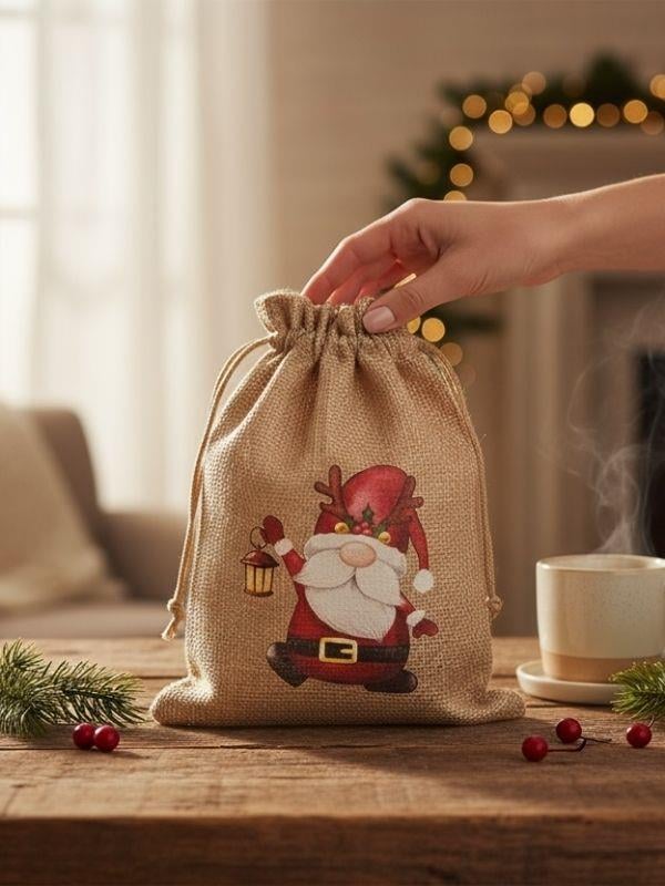 Sevimli Noel Baba Cüce Baskılı Hediyelik Jüt Kese(10x15 cm)