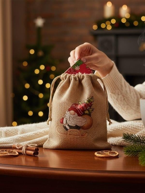 Sevimli Noel Baba Cüce Baskılı Hediyelik Jüt Kese(10x15 cm)