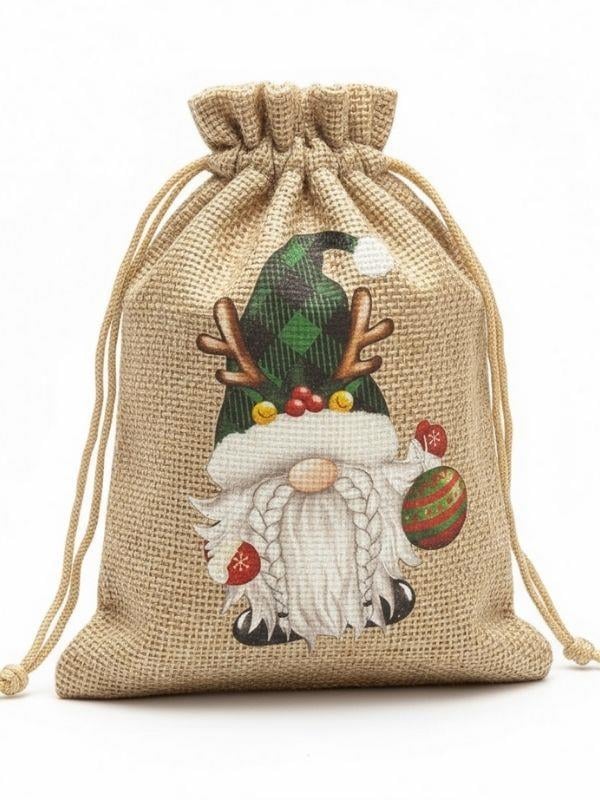Sevimli Noel Baba Cüce Baskılı Hediyelik Jüt Kese(10x15 cm)