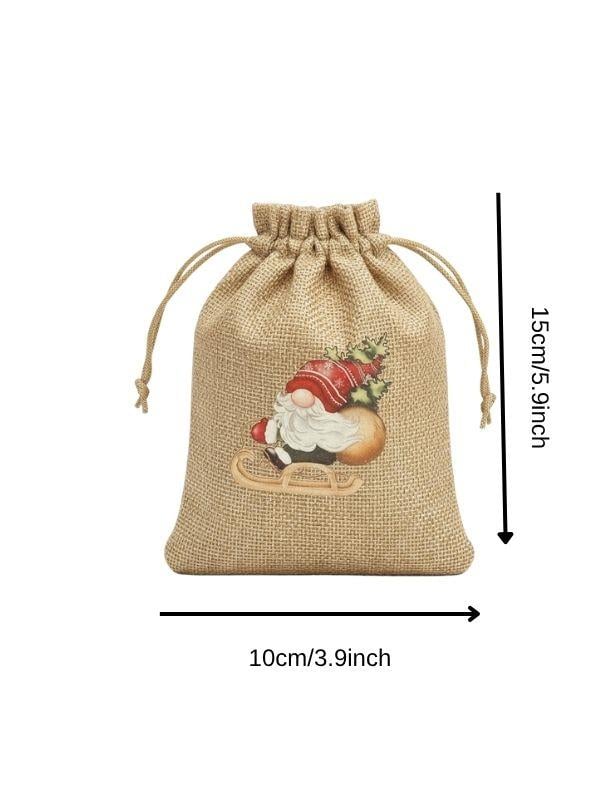 Sevimli Noel Baba Cüce Baskılı Hediyelik Jüt Kese(10x15 cm)