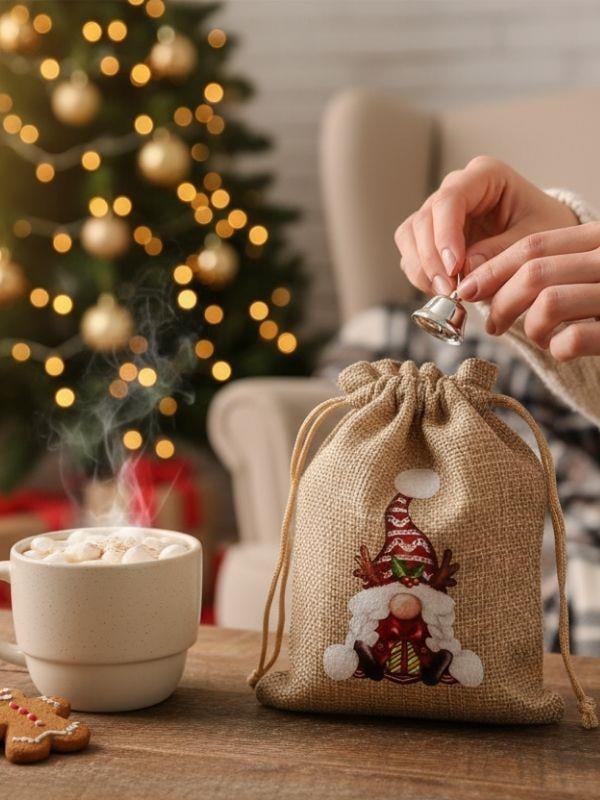 Sevimli Noel Baba Cüce Baskılı Hediyelik Jüt Kese(10x15 cm)