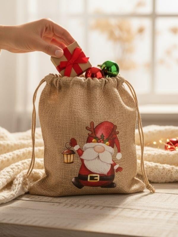 Sevimli Noel Baba Cüce Baskılı Hediyelik Jüt Kese(10x15 cm)