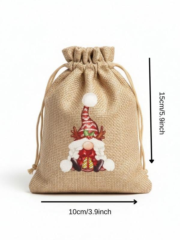 Sevimli Noel Baba Cüce Baskılı Hediyelik Jüt Kese(10x15 cm)
