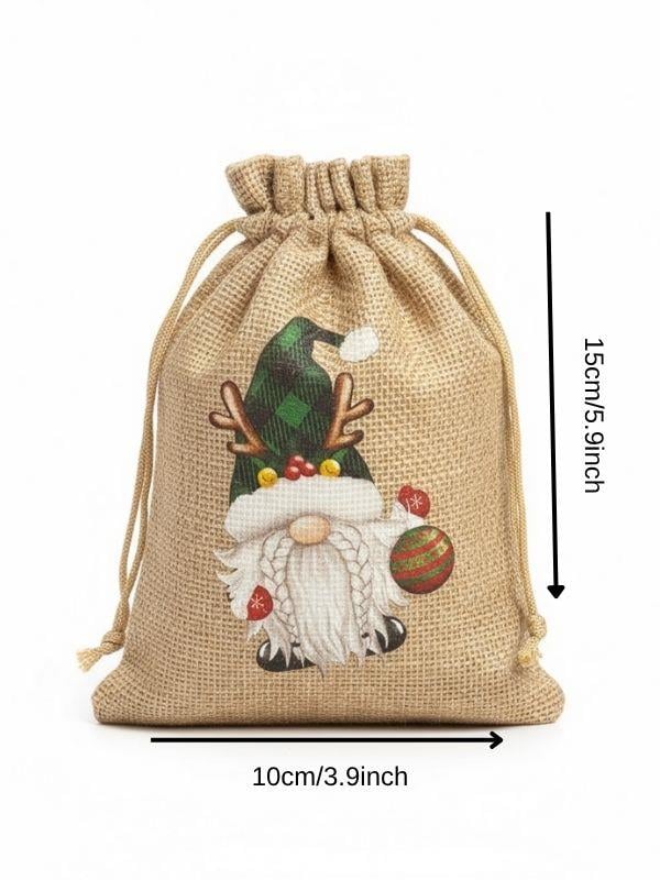 Sevimli Noel Baba Cüce Baskılı Hediyelik Jüt Kese(10x15 cm)