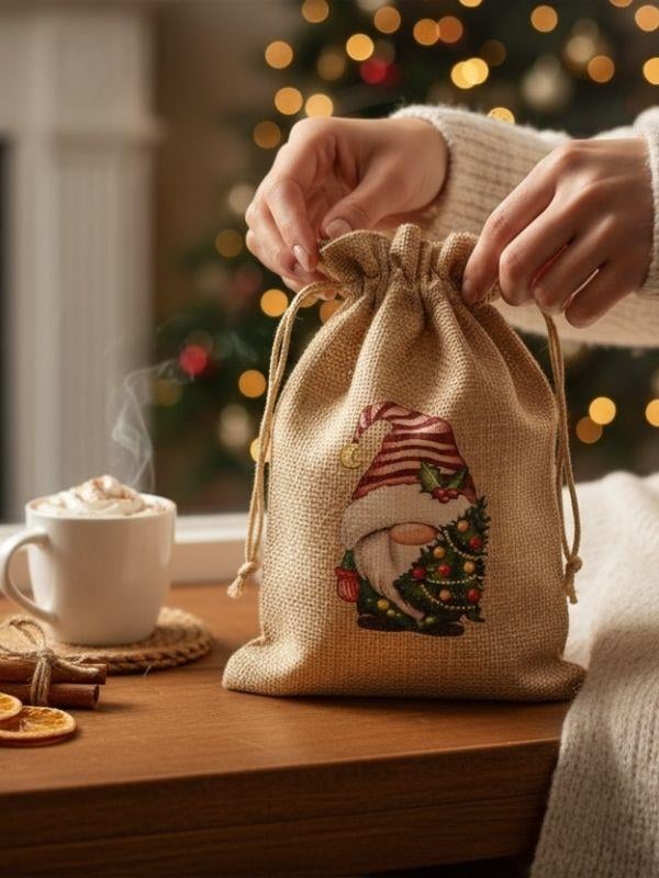 Sevimli Noel Baba Cüce Baskılı Hediyelik Jüt Kese(10x15 cm)