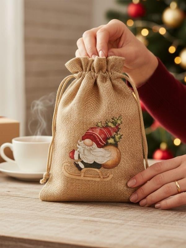 Sevimli Noel Baba Cüce Baskılı Hediyelik Jüt Kese(10x15 cm)