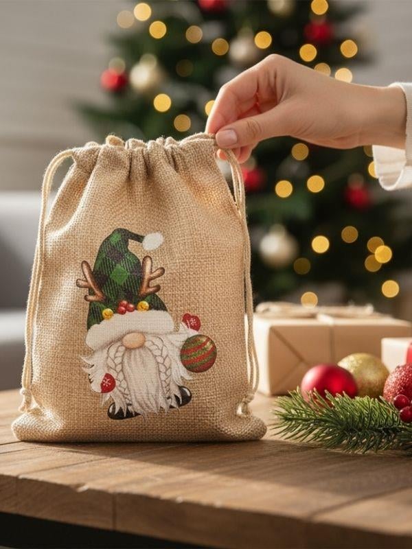 Sevimli Noel Baba Cüce Baskılı Hediyelik Jüt Kese(10x15 cm)