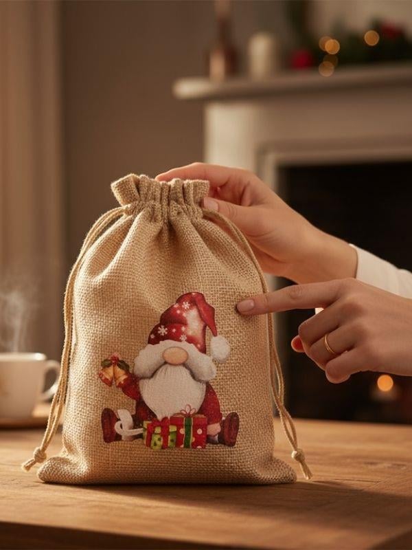 Sevimli Noel Baba Cüce Baskılı Hediyelik Jüt Kese(10x15 cm)